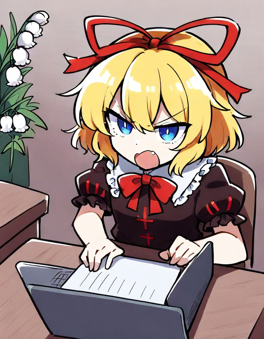 1girl, medicine melancholy, touhou,zmgwshnmspfd, blonde hair, ribbon, bow, hair ribbon, short hair, blue eyes, red ribbon, laptop, angry, v-shaped eyebrows, chair, shirt, bowtie, frilled sleeves, red bowtie, flower, looking at viewer, frills, red skirt, red bow, puffy short sleeves, open mouth, skirt, holding laptop, puffy sleeve, sitting, lily of the valley, simple background, book, white background, solo, hair between eyes, desk, short sleeves, holding, computer, black shirt<lora:nsnsns:1>​​​