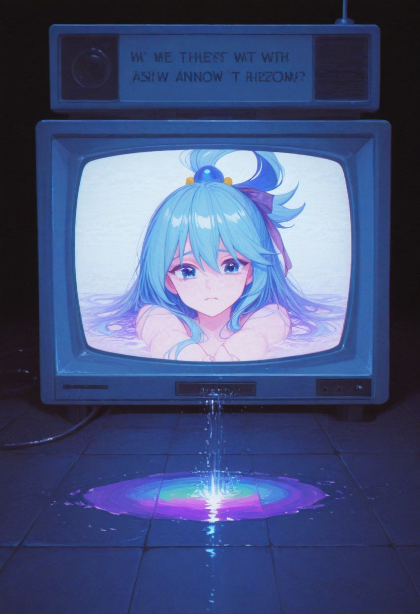 retro anime VHS glitch,  Aqua (Konosuba) frozen mid-scream with 3 cats tangled in her hair ribbons,  pixelated "WHYYYY" te...