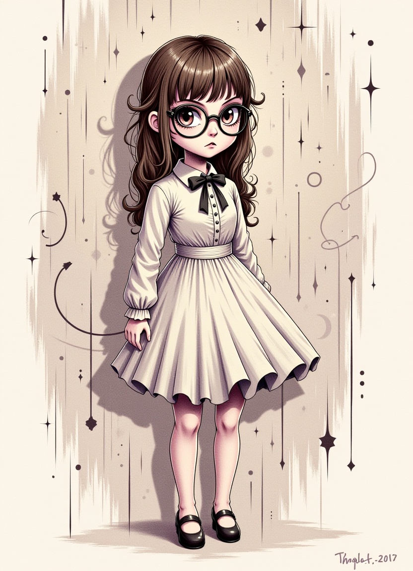 young girl with style: A fluid irregular line stroke pastel drawing featuring neutral colours,  enhanced with structured s...