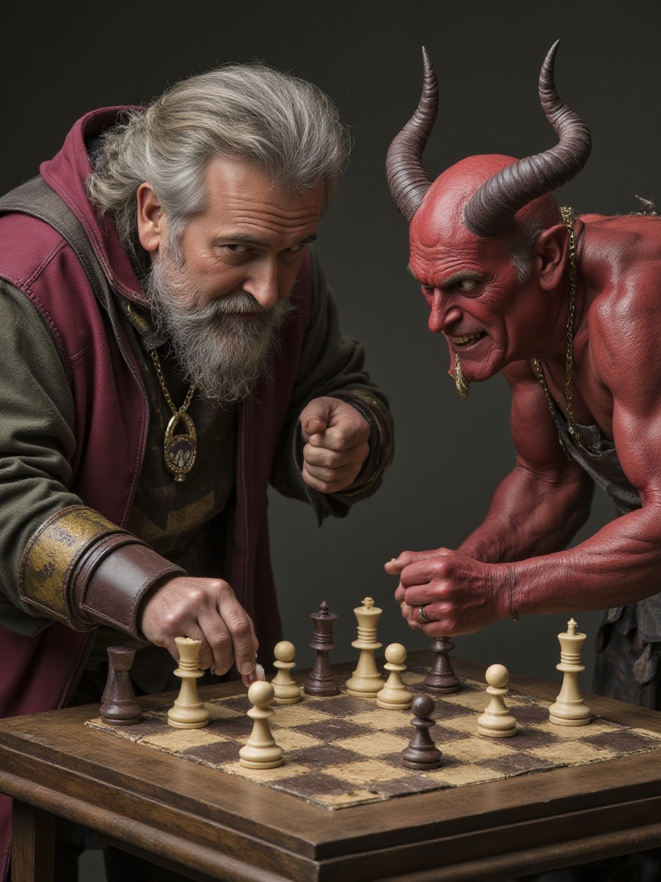 8ruc3c4mp83ll An elderly man in his iconic gear,  trying to play chess with a demon,  both looking frustrated as the piece...