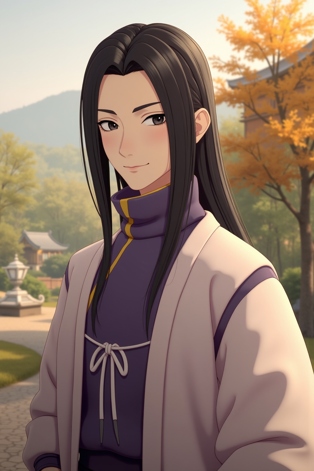 3D style,a boy with chinese clothes,outdoors,upper body,long hair,black hair,black eyes,