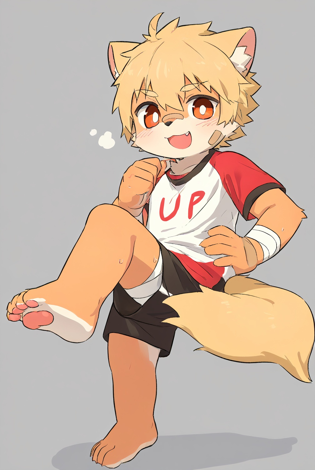 solo,male_child,shota.BREAK,[bandage on left foot],(red t-clothes),(shorts) BREAK (prefect_feets,prefect_hands,prefect_eyes:1.05),wide-angle,[looking at viewer],simple background,(hand on own hip),leg up,soles focus BREAK score_9,score_8_up,score_7_up,score_6_up,score_5_up,
