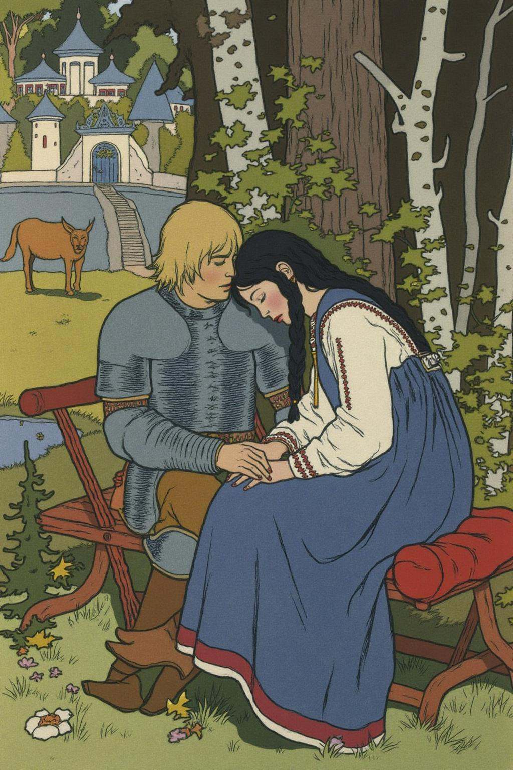 ivanbilibin1 illustration. A blonde knight and a lady sitting under a tree. The lady has dark hair and is wearing a blue d...