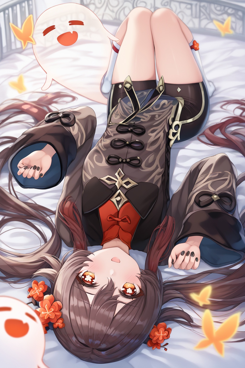 score_9,score_8_up,score_7_up,score_6_up,source_anime,source_cartoon,<lora:hutaoTUPONYXL-000001:1>,hu tao \(genshin impact\),1girl,boo tao \(genshin impact\),tongue out,tongue,brown hair,ghost,black shorts,flower-shaped pupils,looking at viewer,lying,long hair,on back,white socks,red eyes,:p,long sleeves,smile,bug,twintails,butterfly,solo,sidelocks,black chinese clothes,kneehighs,bed sheet,:d,upside-down,depth of field,blush,wide sleeves,
