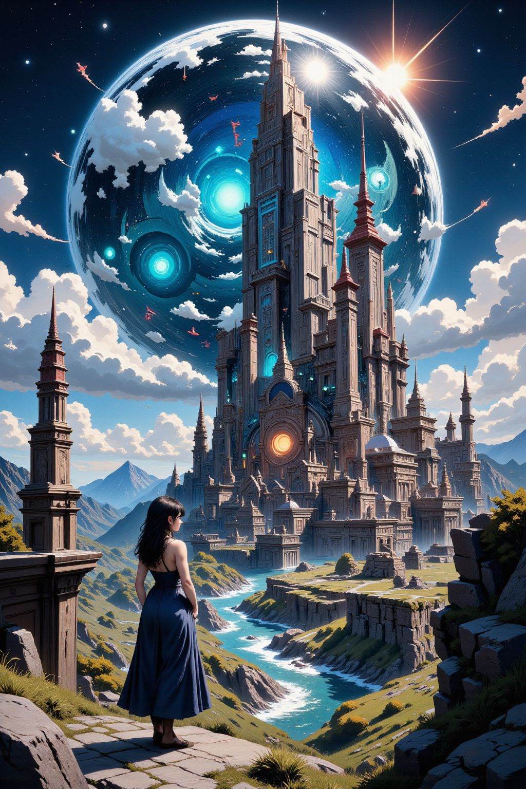 a city on Pluto beautiful anime landscape,  wind,  woman on Tensor.Art