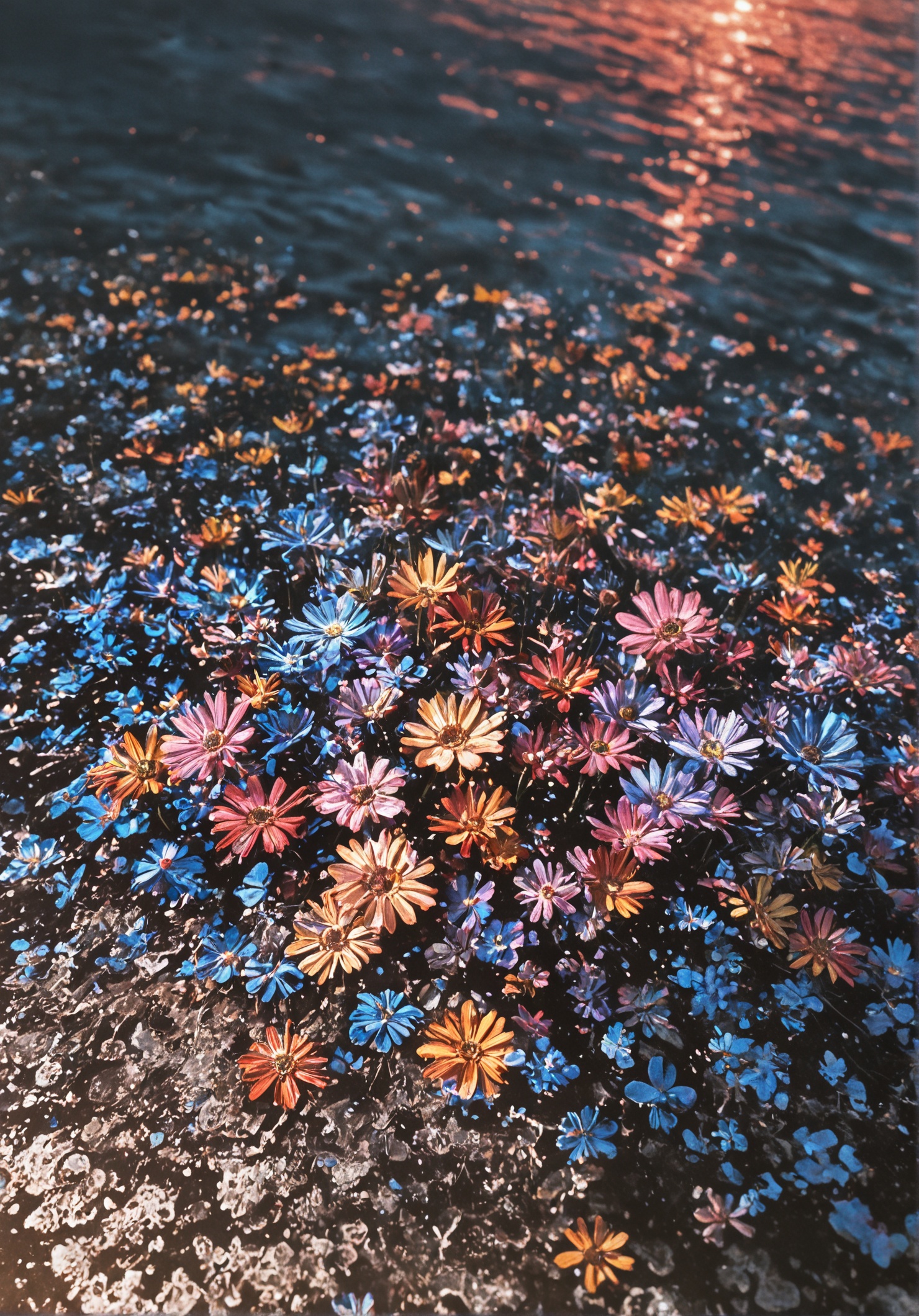 masterpiece, best quality, amazing quality, very aesthetic, absurdres, highres, newest, HDR, 8K, high detail, smooth shading, glossy surfaces, subtle, high contrast, dak depth, real background, hyper-realistic close-up, colorful depth, colorful lighting,sacred, mysterious, dreamlike, fantastic, moonlight, water, flowers, colorful flowers and colorful butterflies, flower effects, diagonal angle, from above, dutch angle, beautiful atmosphere, muted colors, cinematic composition, natural lighting, water color, cinematic composition, blurry foreground, blurry background, heavily textured impasto oil painting, Small patches of the purple underpainting are visible here and there in the painting.