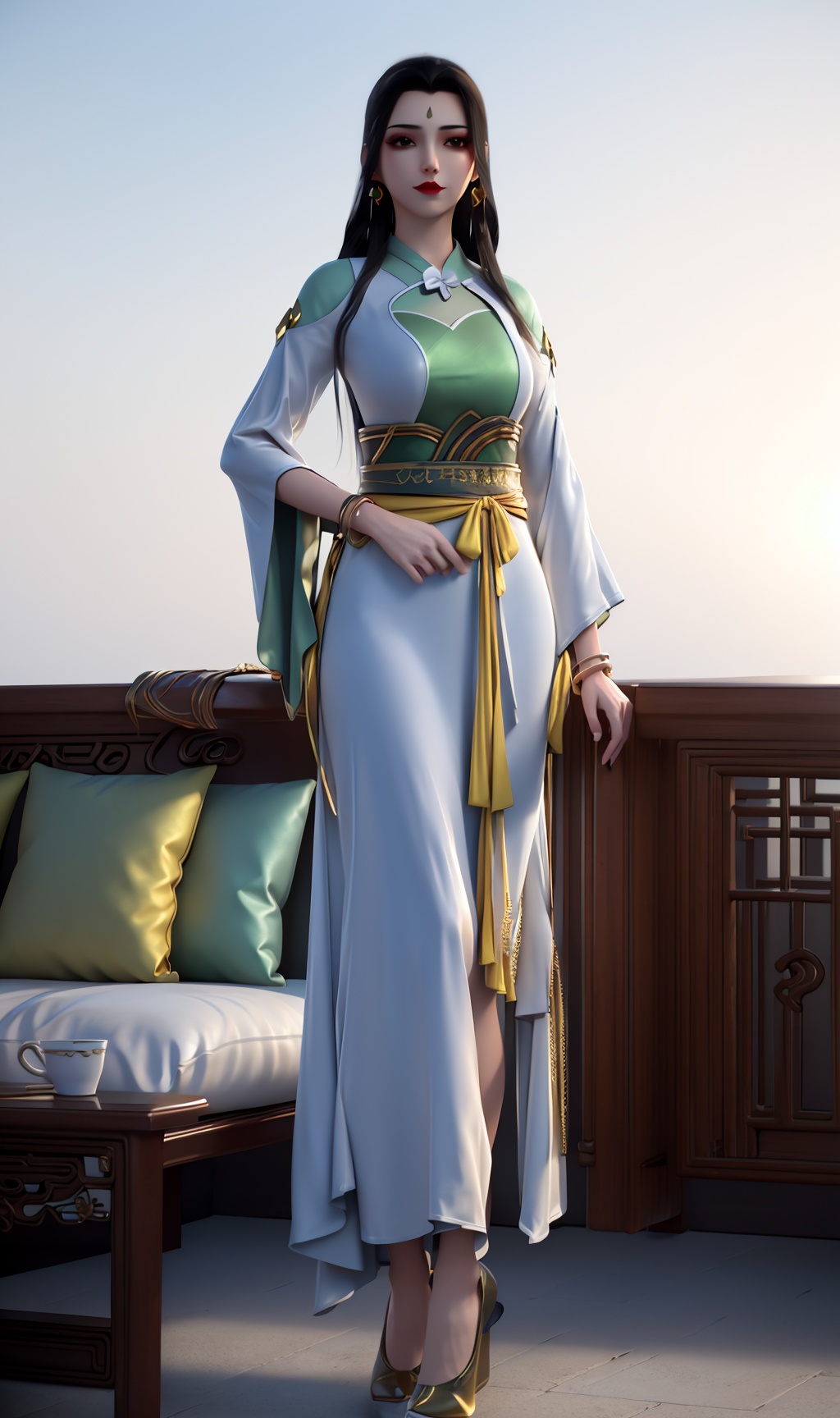 3D,masterpiece,(best quality),(makeup),official art, extremely detailed cg 8k wallpaper,((crystalstexture skin)), (extremely delicate and beautiful),(highly detailed),(1girl), (solo), (jewelry), (earrings),(long_hair),(black_hair),(hair_ornament),(handwear),(breasts),(standing),hanfu,china_dress,,(full_body,whole_body),((dress)),(multicolored_clothes),(multicolored_dress),,(collar),((chinese_clothes)),(adapted_costume),((closed_mouth)),(sleeved),,(long_dress),(long_skirt),(sunshine, outdoor,sofa),((looking_at_viewer)),((Facing the camera)),(high_heels),(shoes),, <lora:hipoly3DModelLora_v10:0.3>