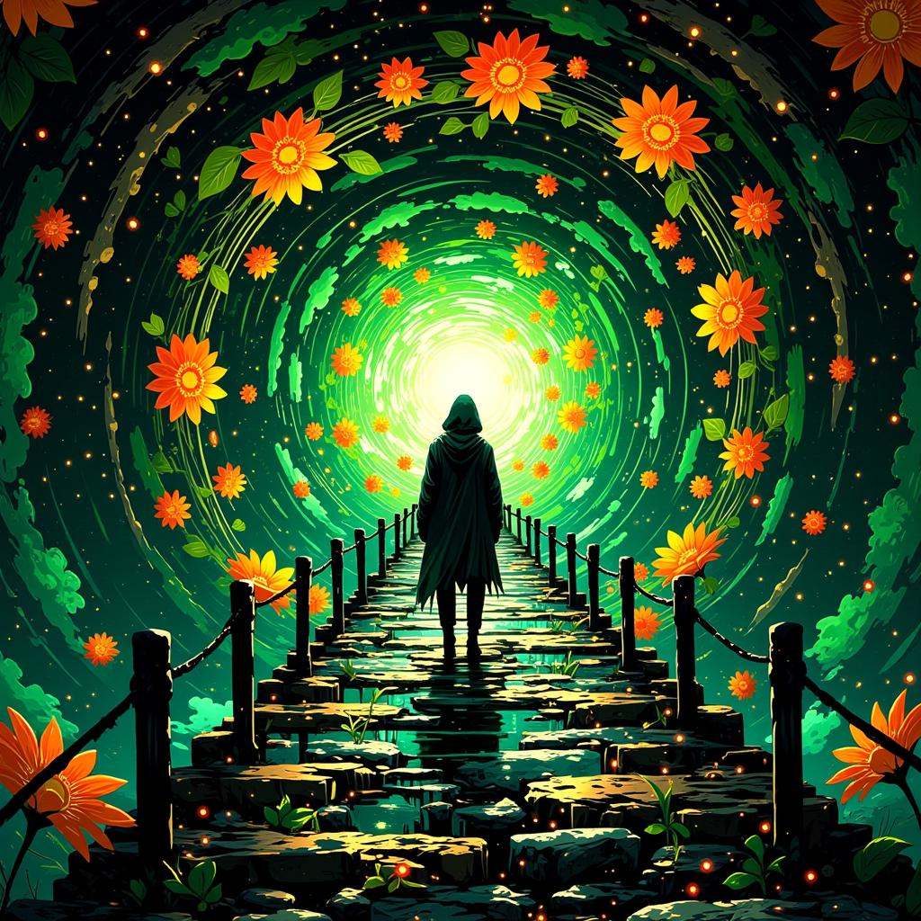 3pic_vist4,  anime_martz,  A hooded figure stands on an ancient bridge on Tensor.Art