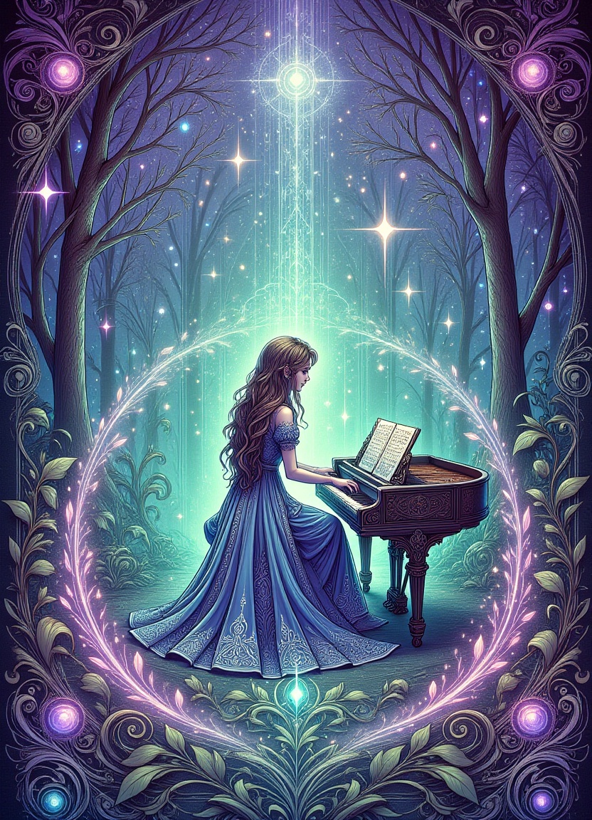A mystical pianist in a lush,  vibrant forest,  surrounded by glowing facets and intricate on Tensor.Art