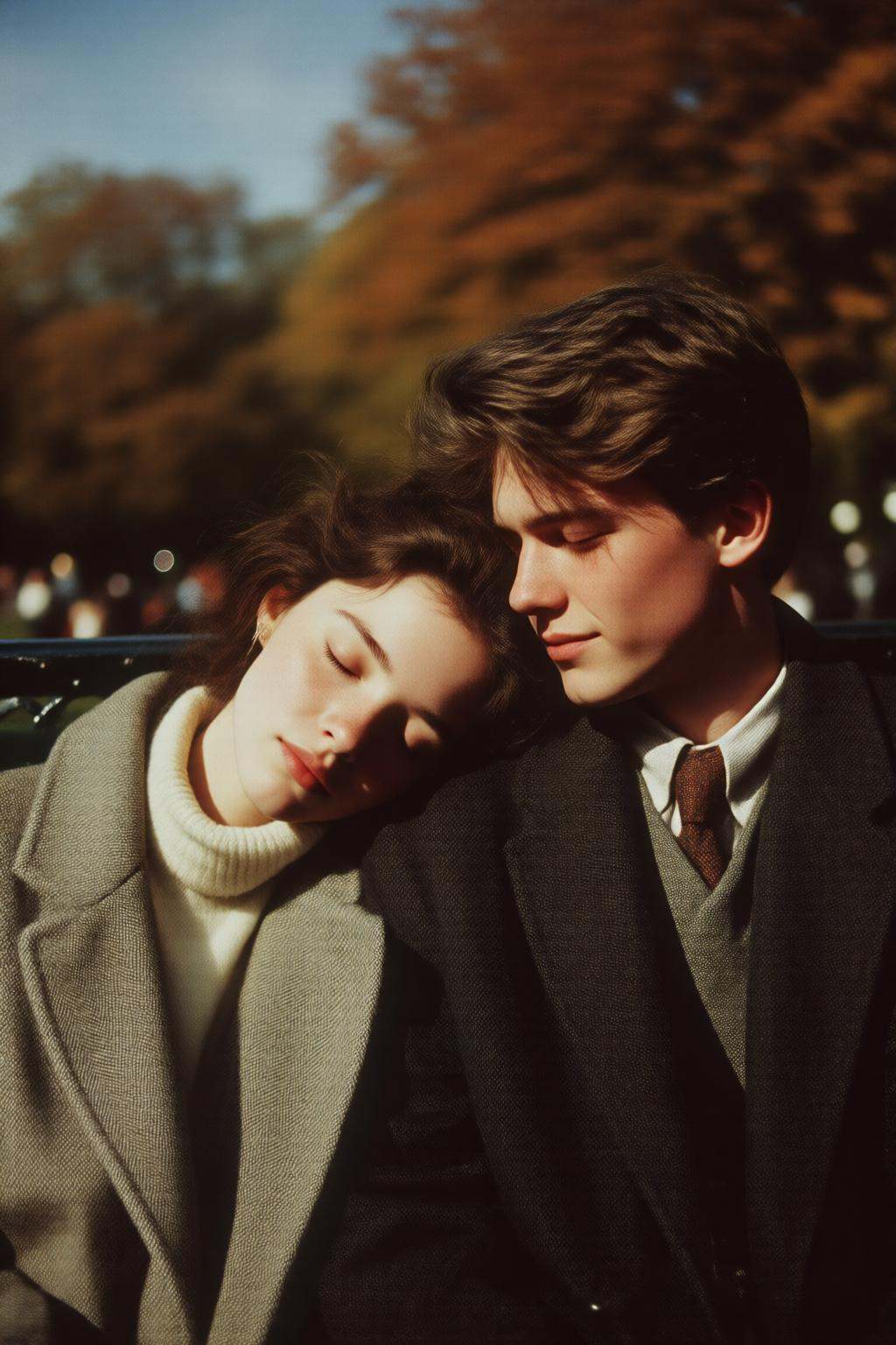 midjourneyanalog9 photograph.A young English woman and a young man are sitting closely together with their eyes closed in...