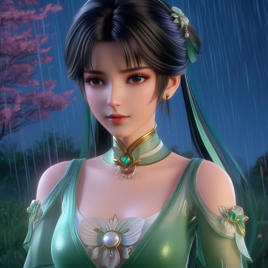 <lora:834-DA-XL-诛仙-碧瑶:0.8>, (,1girl, ,best quality, ),, ,ultra detailed 8k cg,            cinematic lighting, cinematic bloom, (( , )),,  , unreal, science fiction,  luxury, jewelry, diamond, pearl, gem, sapphire, ruby, emerald, intricate detail, delicate pattern, charming, alluring, seductive, erotic, enchanting, hair ornament, necklace, earrings, bracelet, armlet,halo,masterpiece, (( , )),,  ,cherry blossoms,(((, night,night sky,,  ultra high res, (photorealistic:1.4), raw photo, 1girl, , rain, sweat, ,wet, )))(( , ))   (cleavage),kneeling,  butterfly,