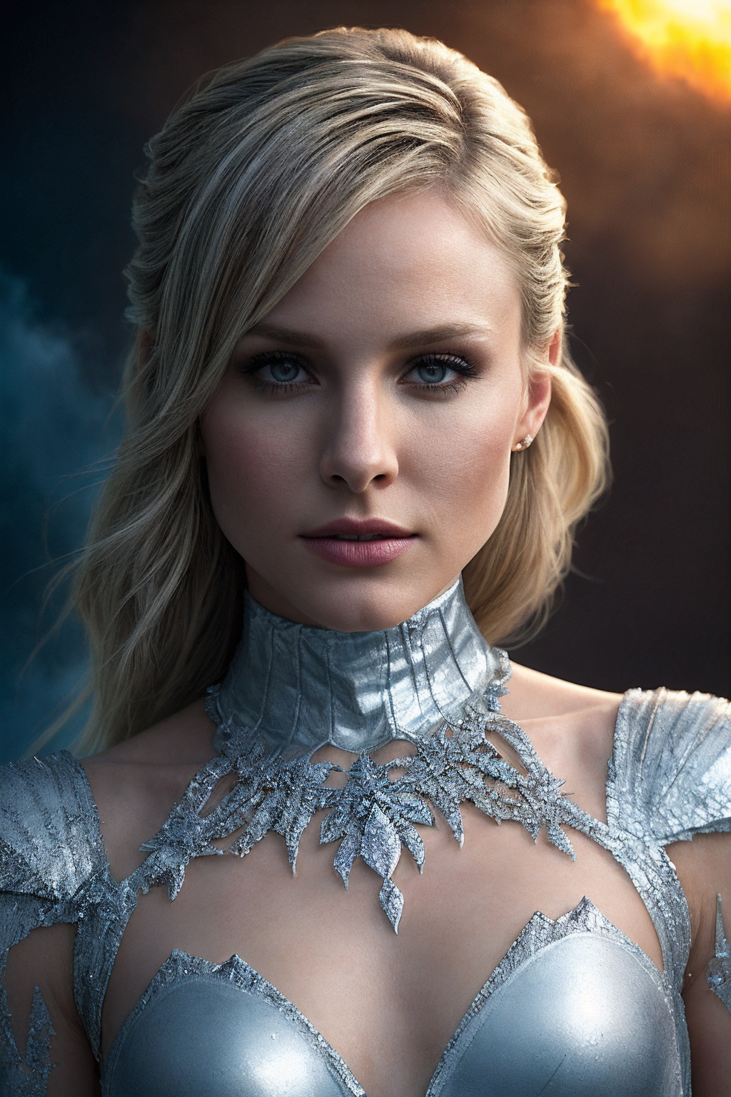 KristenB_SoloTI_v1,  (In a form-fitting silver and black battle suit,  her skin pale and frosted on Tensor.Art