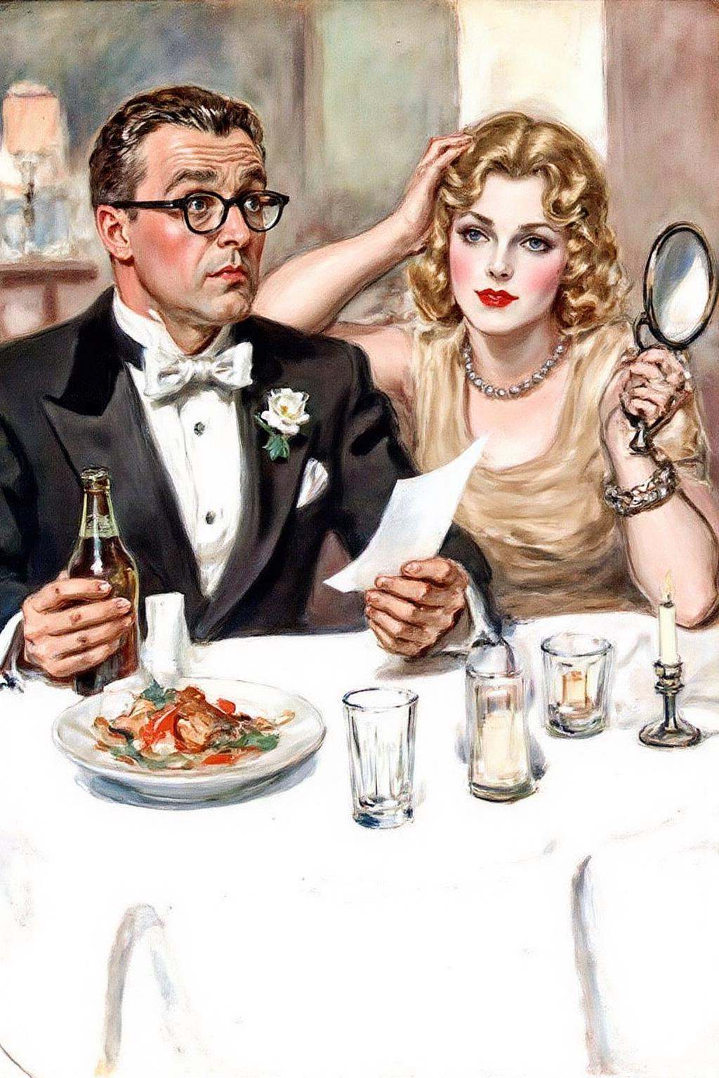jamesmontgomeryflagg1 illustration. kard1. A man and a woman seated at a table covered with a white tablecloth. kard1 illu...