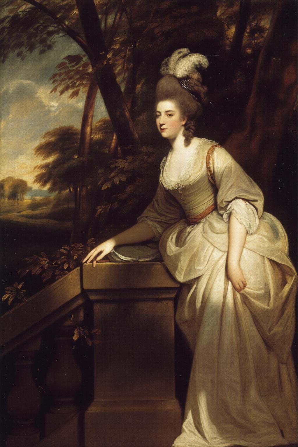 joshuareynolds2q painting.A woman of high social standing. She is depicted in a serene,  contemplative pose,  standing in...