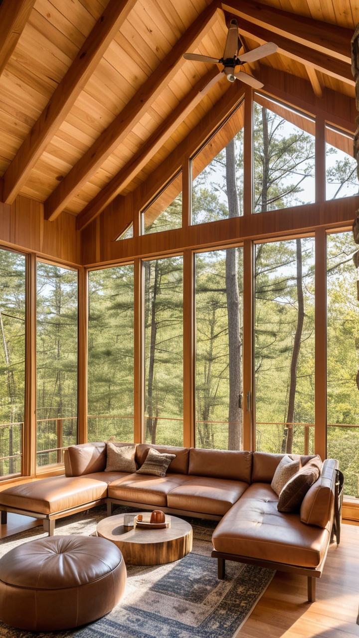 A breathtaking interior view of a minimalist luxury treehouse overlooking a vibrant solarpunk forest village. Massive pano...