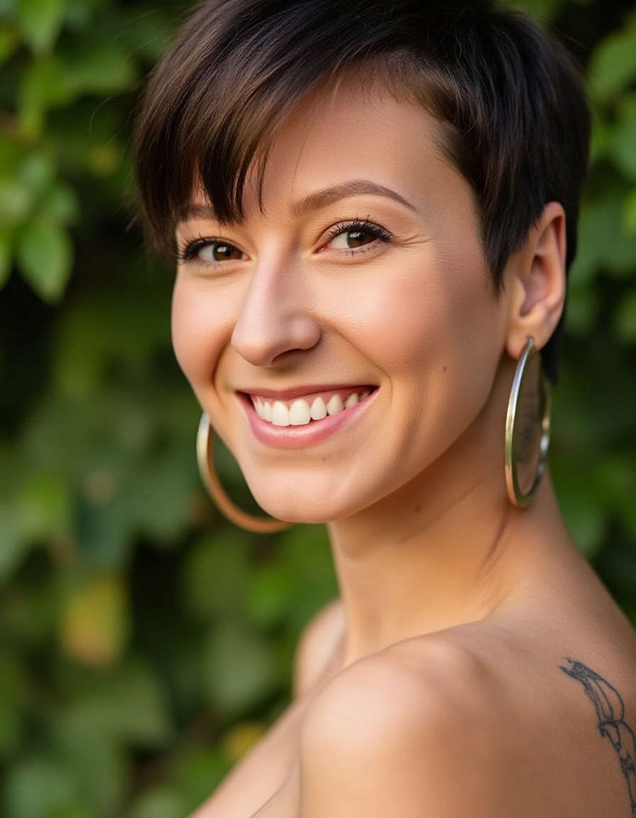 A portrait of a young woman showcasing a close-up angle accentuating her short,  stylish haircut with rich,  dark hues. Th...
