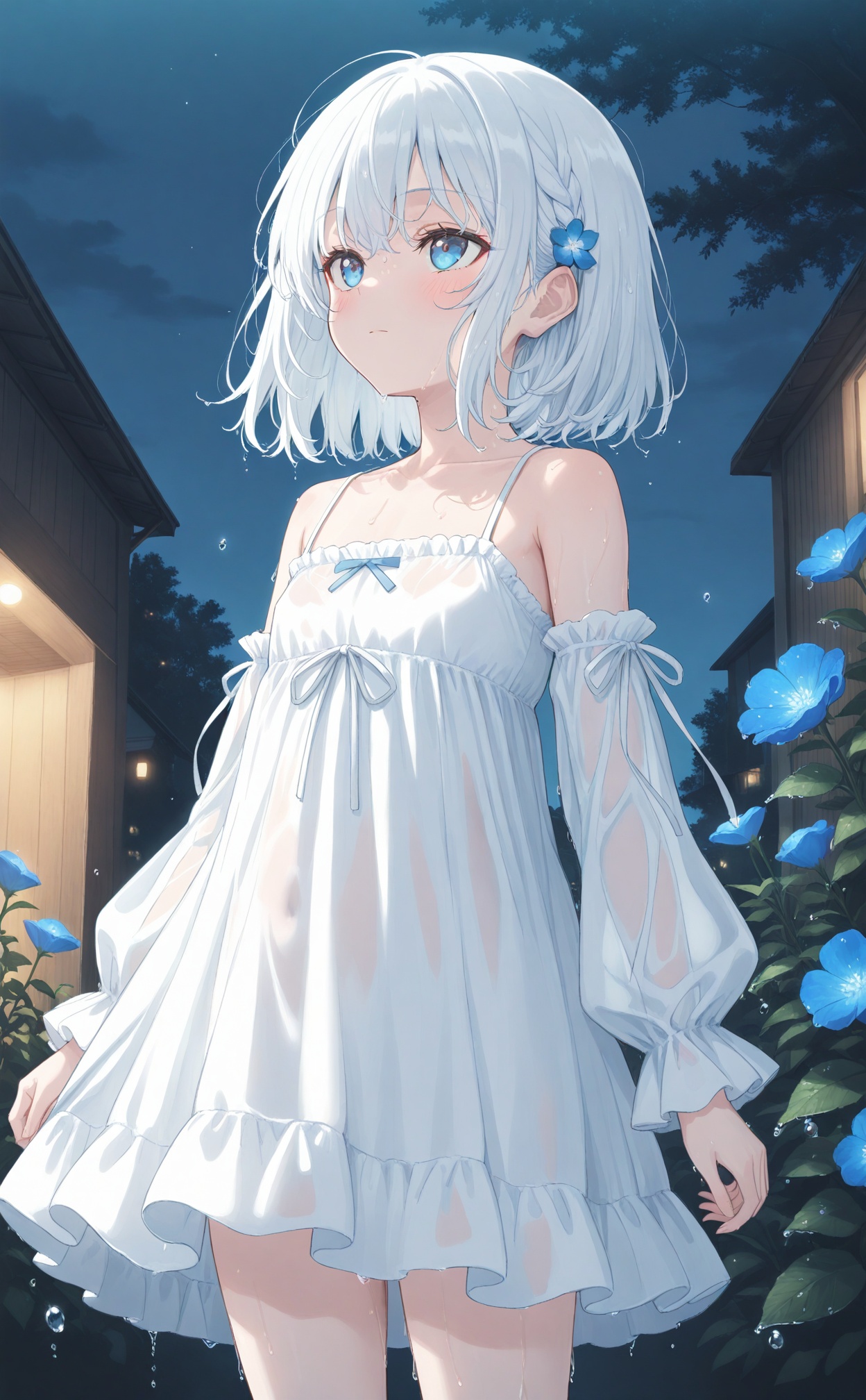 masterpiece,best quality,high quality,loli,1girl,flower,dress,solo,white dress,short hair,blue eyes,white hair,braid,blue flower,night,tree,bare shoulders,collarbone,standing,frilled dress,detached sleeves,frills,closed mouth,spaghetti strap,outdoors,water drop,sky,long sleeves,wet,building,night sky,see-through,flat chest,looking up,blush,cowboy shot,plant,arms at sides,expressionless,