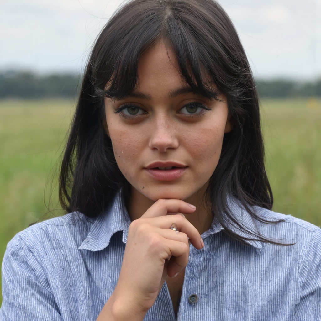 A portrait of ella_purnell outdoors. She has black hair and striking blue eyes. She wears a blue and white striped button-...