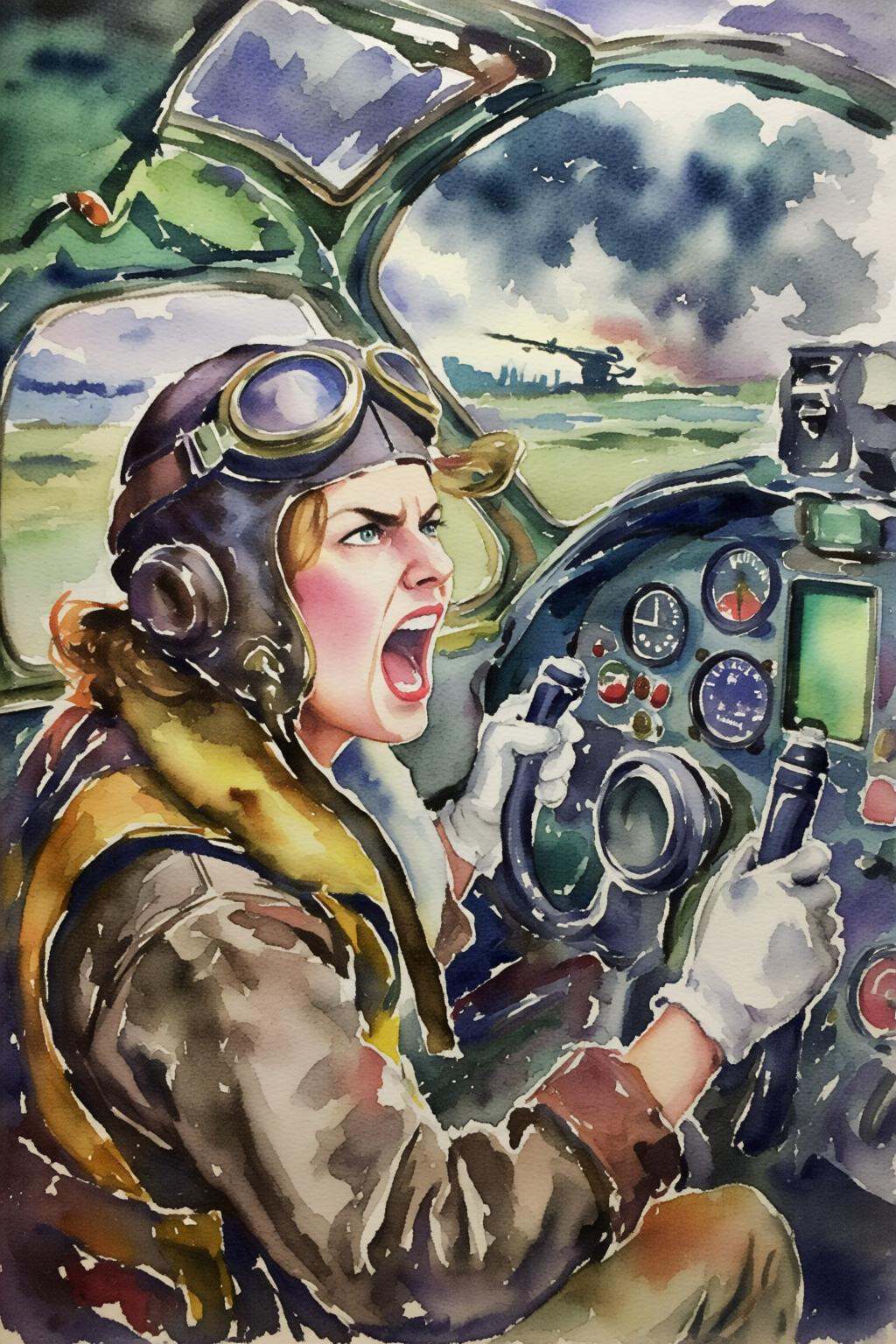 watercolorbasic2q watercolor painting. A female pilot screaming inside the cockpit of a World War II bomber. The pilot,  w...