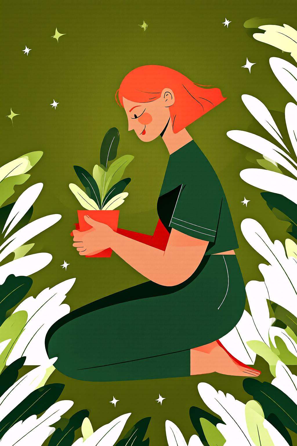 flatcolorvectorart2q illustration.A woman,  shown in side profile,  with short red hair is kneeling on the ground on Tenso...