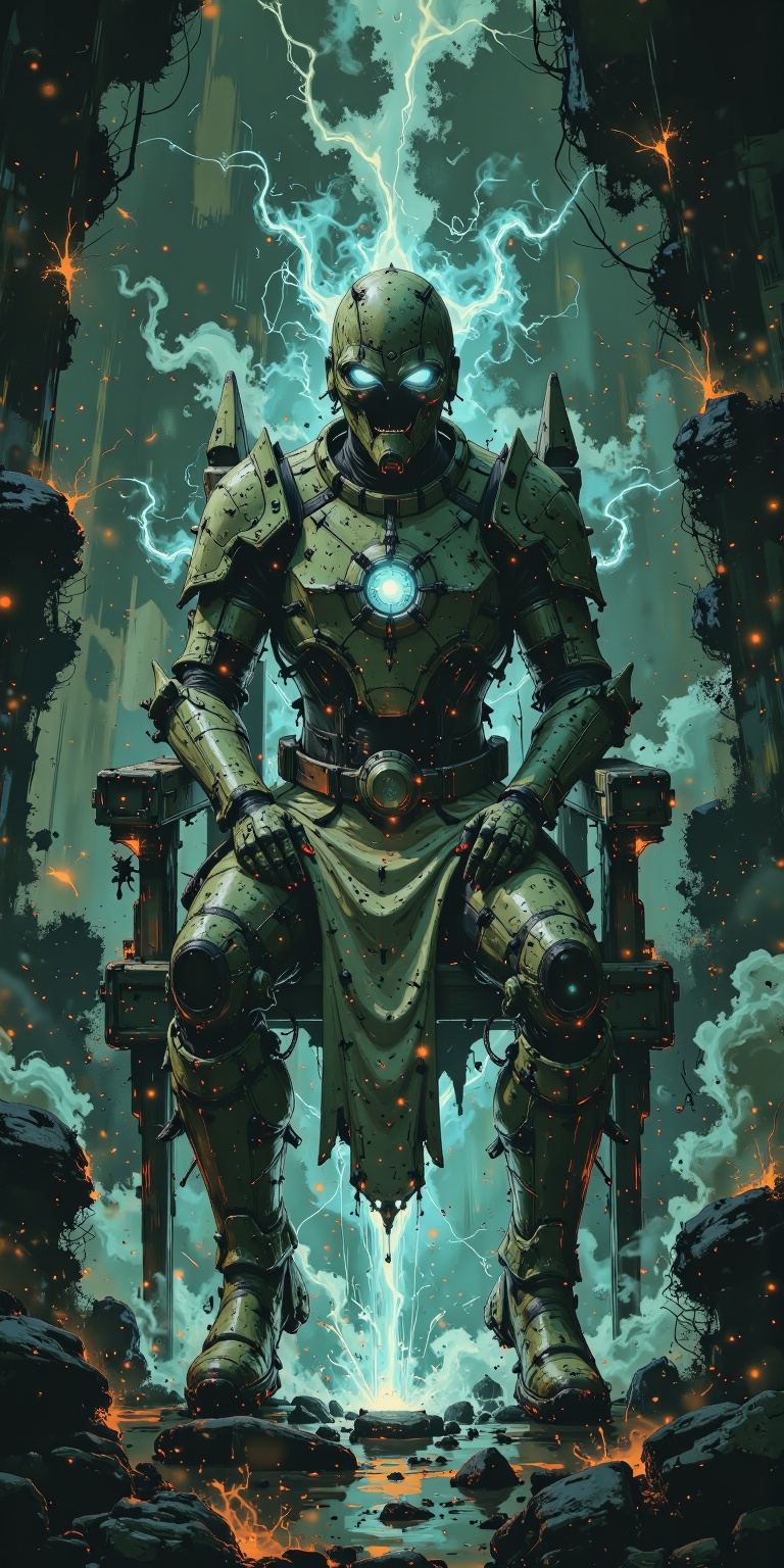 A futuristic knight in transparent armor glowing turquoise,  sitting on a crystal throne,  surrounded by a mystical aura o...