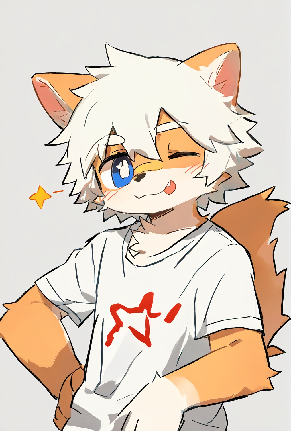 [[nploser,nekowuwu]],solo,shota,furry,kemono,dog_boy BREAK [red_inner_ear],[orange_fur,blue_eyes],white_hikimayu BREAK portrait,one eye closed,(masterpiece, best quality:1.1),body fur,anthro,<lora:PONY01:0.8>,white_shirt,