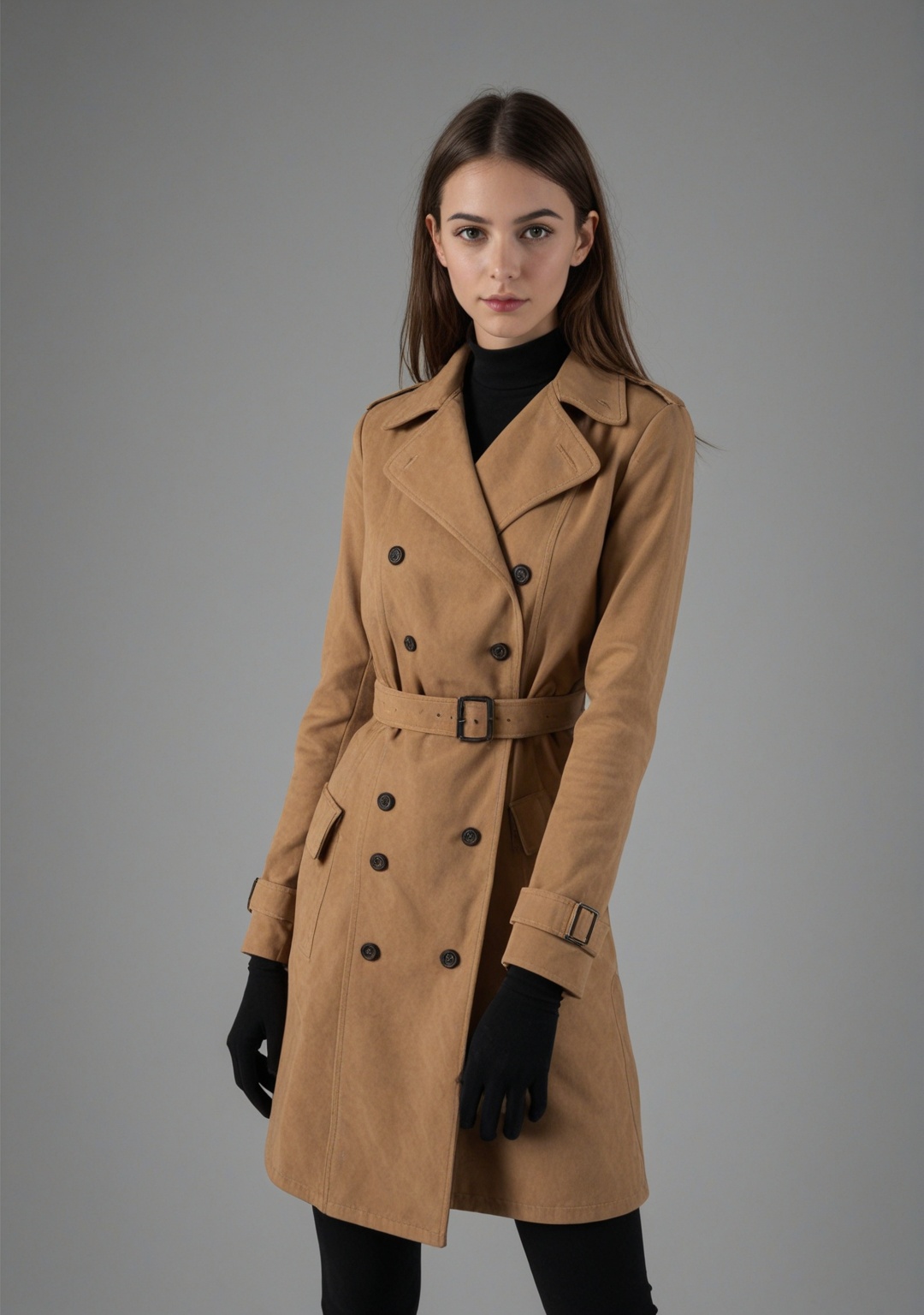 A high-fashion editorial shot of a model wearing a long,  dark chocolate brown suede trench coat with a wide lapel collar,...