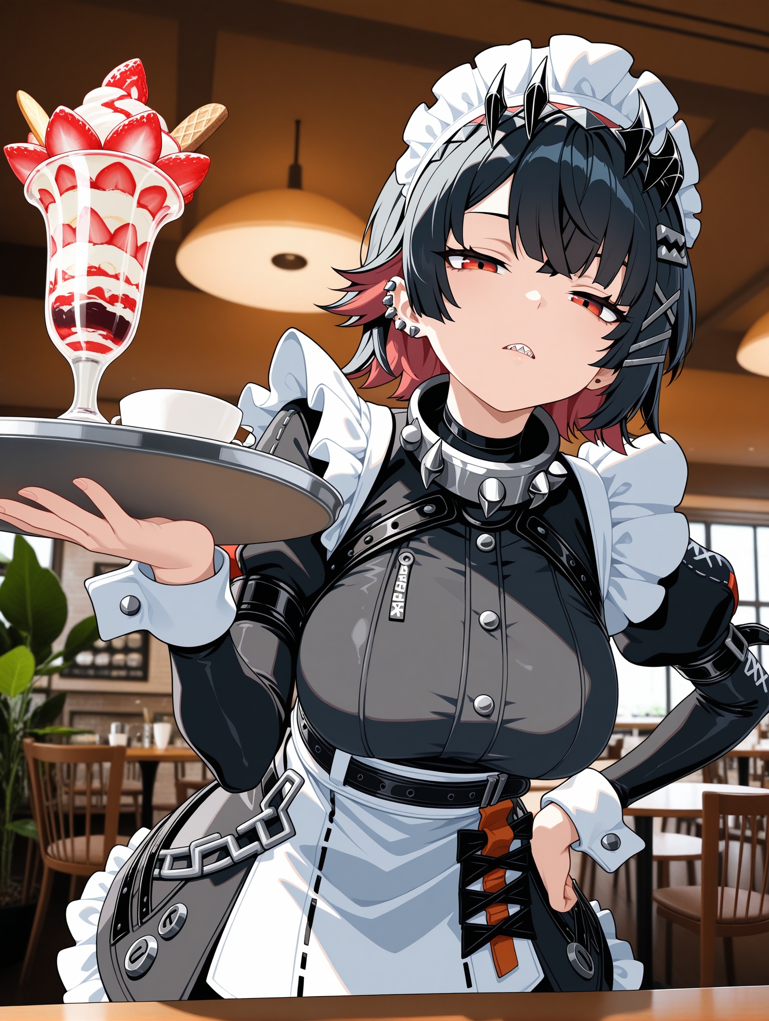 blurry background, mixed media, photo background, BREAK indoors,cafe, table, chair, plant, window, BREAK 1girl, solo, zenless zone zero, ellen joe, bored, upper body, maid, hand on own hip, holding tray, parfait, parted lips, sharp teeth, half-closed eyes, red eyes, ear piercing, leaning_forward, foreshortening, from below                                                                                                                                                                                                                                                      ,masterpiece,best quality,amazing quality,