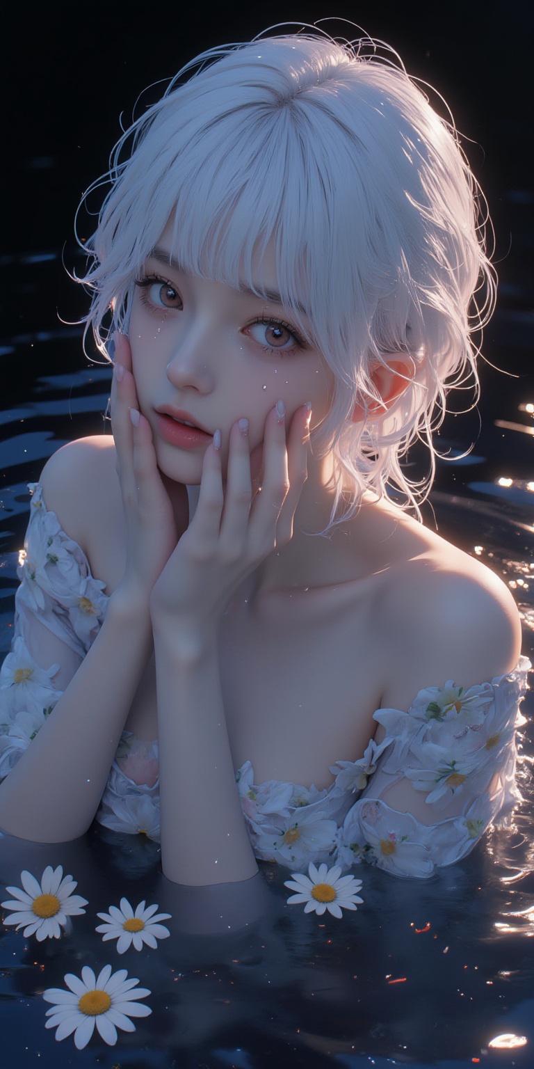 (masterpiece),(best quality),illustration,ultra detailed,hdr,Depth of field,(colorful),(chromatic aberration),(beautiful young female:1.4),(streaming tears),sad,(daisy),(daisy),(daisy),looking at viewer,partially submerged,both hands on own cheek,{see-through long shirt},{no bra},(white hair, short hair, bangs:1.2),(glowing eyes),ripples,dark water,black background,(prismatic),