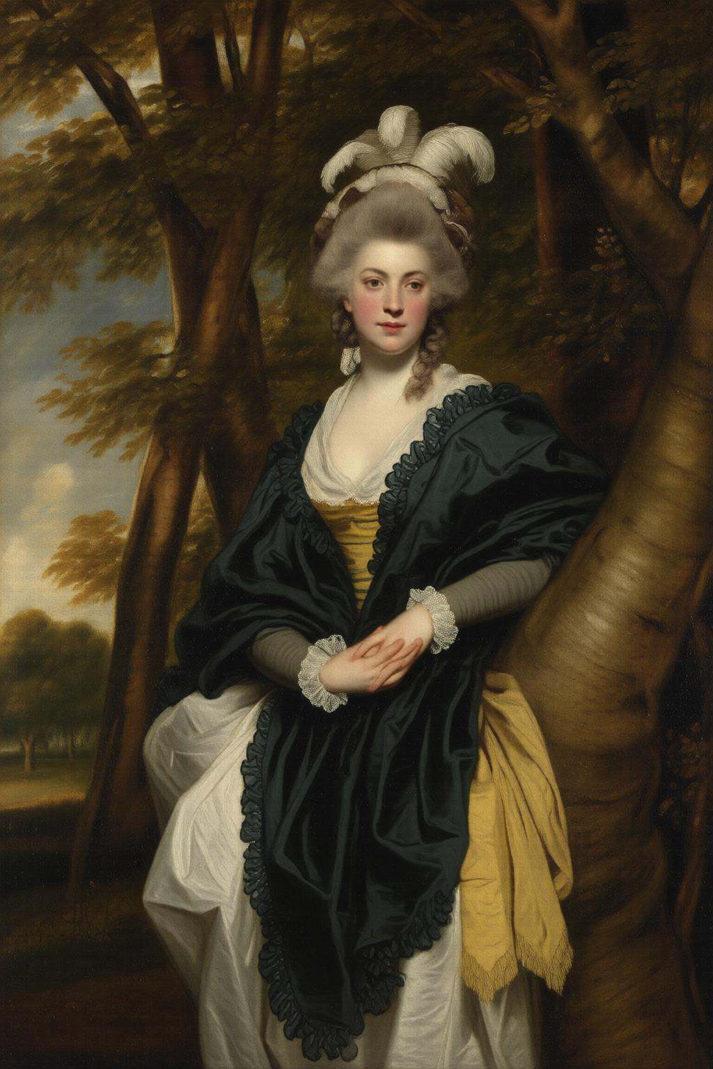 joshuareynolds2q painting.A woman standing in a forest setting. She is depicted as a refined,  elegant figure from the lat...