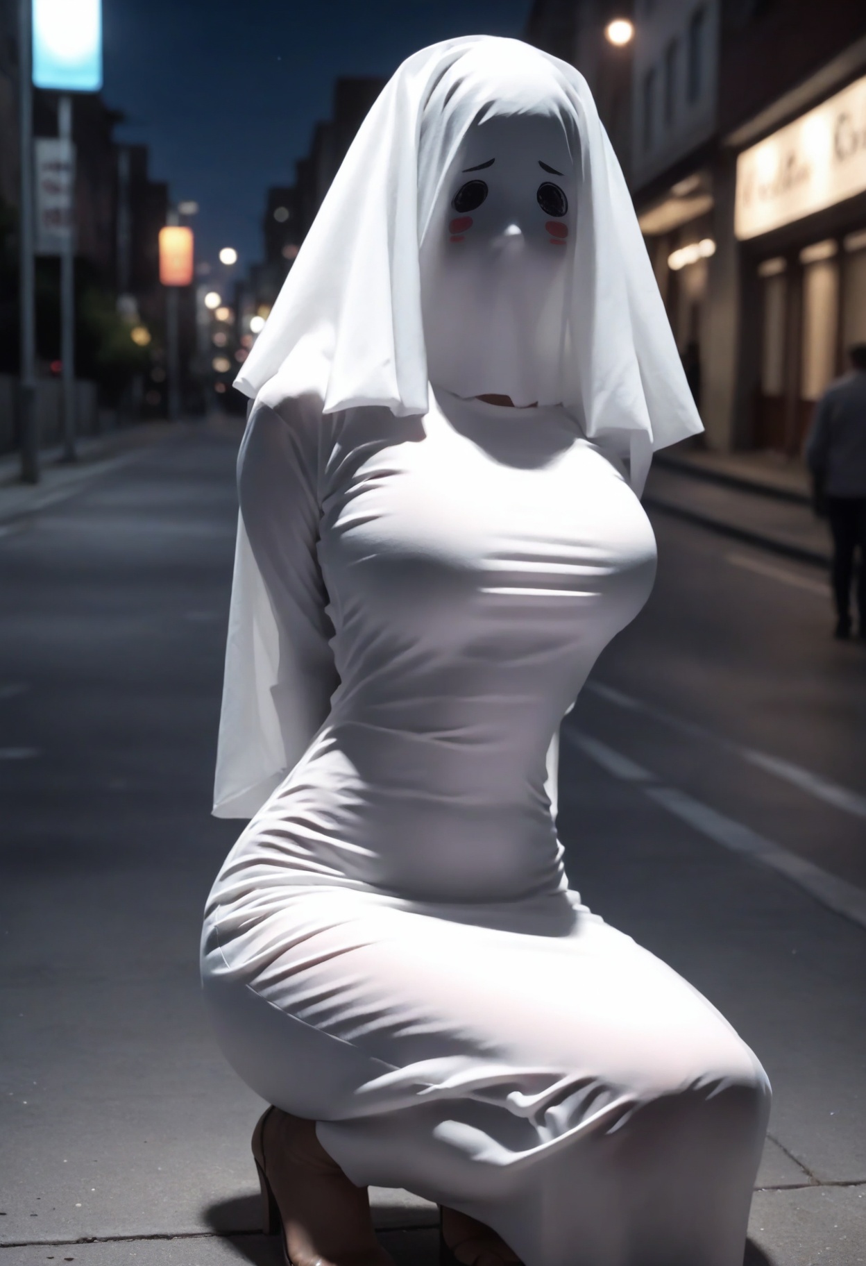 score_9,score_8_up,score_7_up,score_6_up,highres,night,aesthetic,blush,background of urban streets,masterpiece,raw,realistic,high-resolution,(detailed),(photograpy),(photorealistic),seductive smile,large breasts,depth of field,wide_shot,1girl,ghost costume,1girl,blush stickers,solo,breasts,ghost,<lora:youling:1>,wide squatting,dress,arms_behind_back,