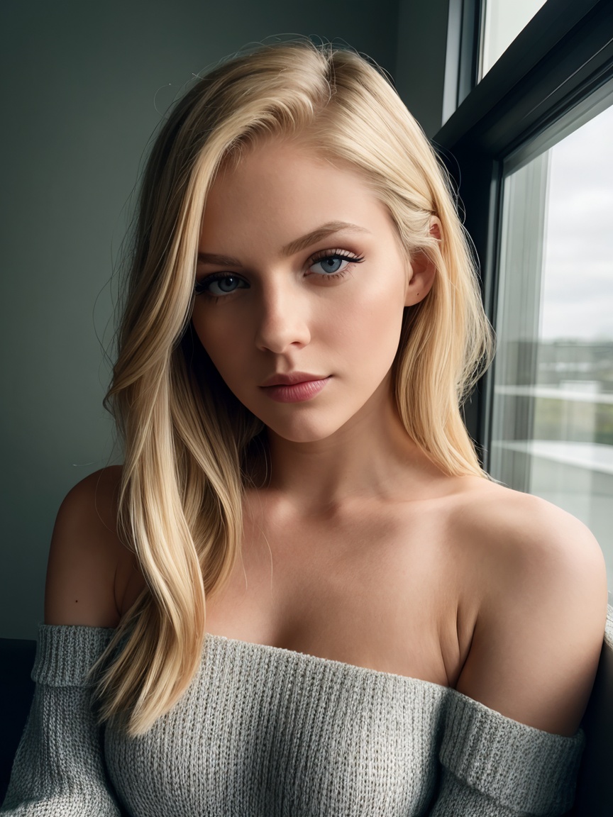 Ashlynn_Spektre,  blonde,  . Beautiful female. Wearing elegant one-shoulder sweater dress. Detailed eyes framed by long on...