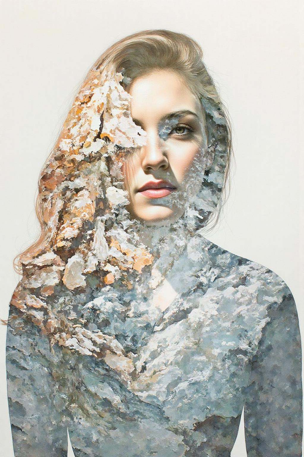 Portrait painting. A woman whose face is partially obscured by a transparent overlay of a rocky landscape. The terrain is...