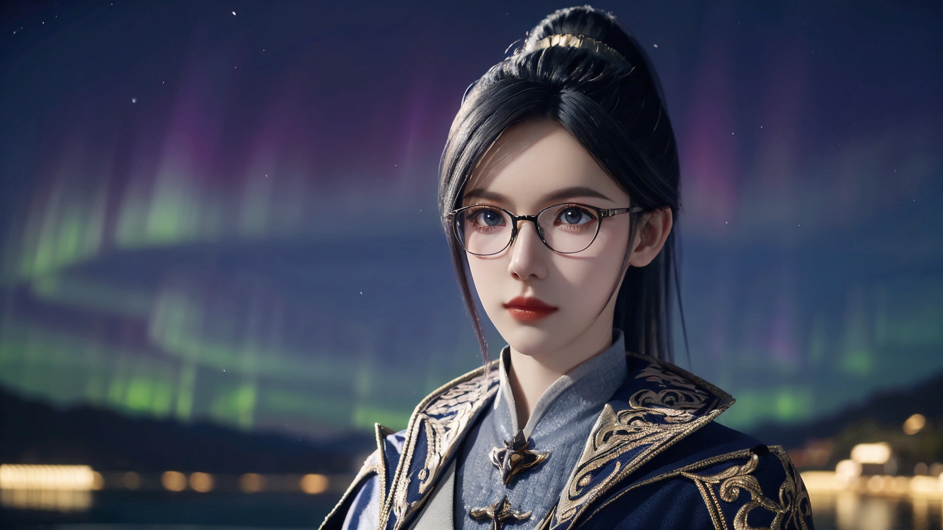 1girl,solo,ponytail,black hair,hair ornament,grey eyes,((black thick black-rimmed glasses)),chinese clothes,cape,(looking at viewer),upper body,outdoors,snow,snowflakes,((night)),((aurora)),lake,scenery,((glowing)),blurry,Highly detailed,(ultra-detailed),(best quality,masterpiece:1.5),<lora:20240930-1727706729434:0.6>,