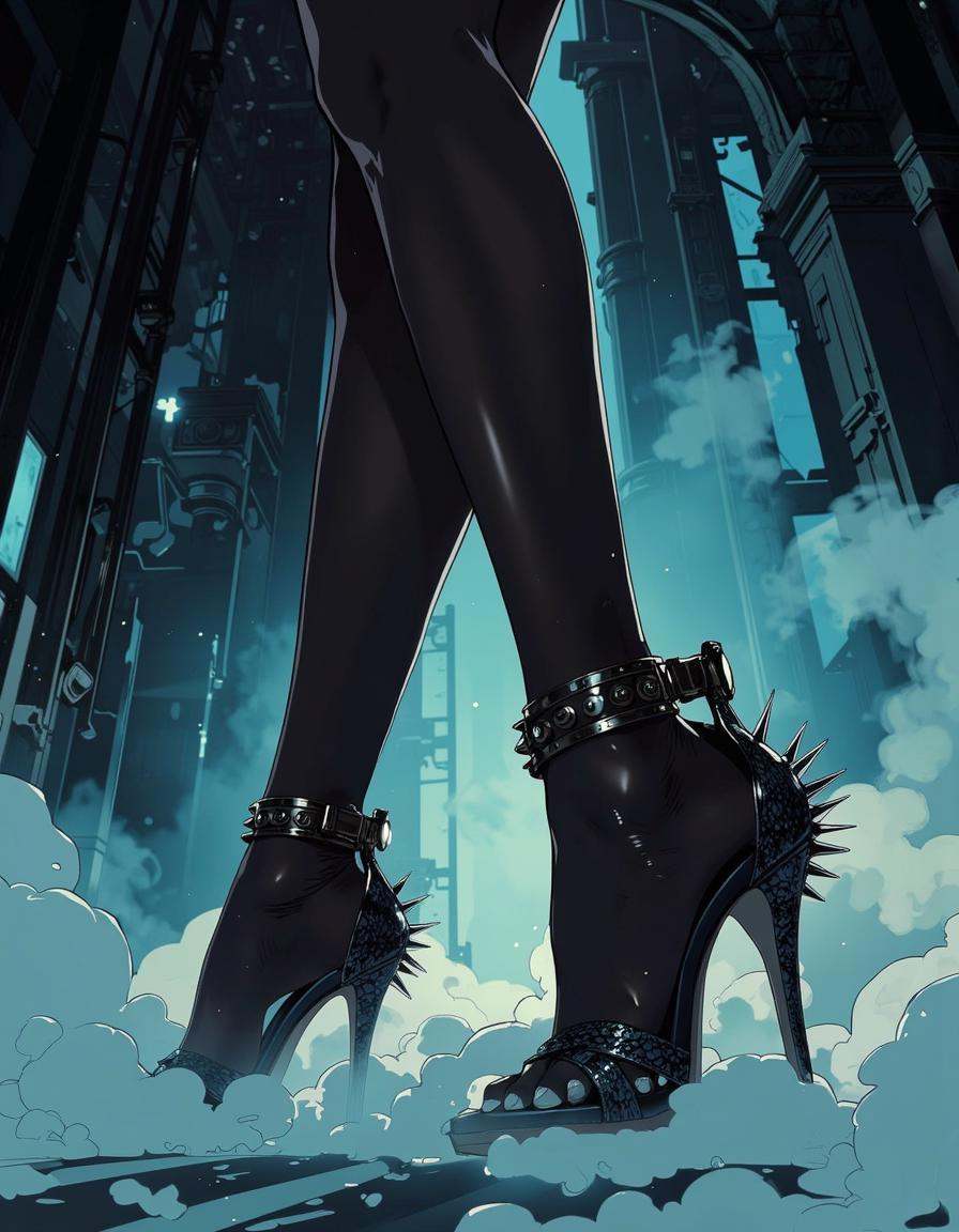 Anime art. The view is very close. Women's legs,  stockings,  stylish sandals made of dark snakeskin with high heels on Te...