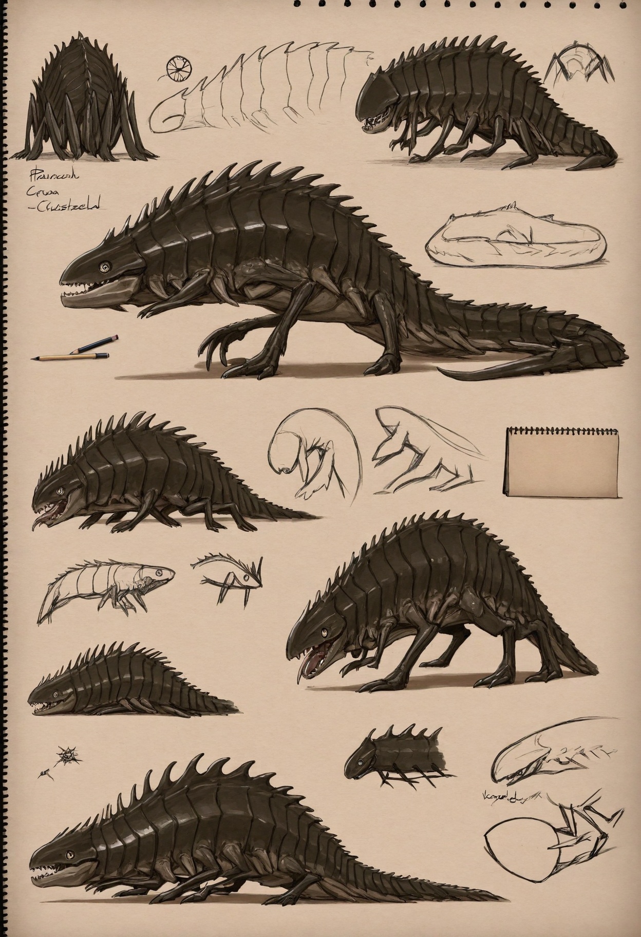drawing of crustacean monster,  sketchbook,  parchment paper on Tensor.Art