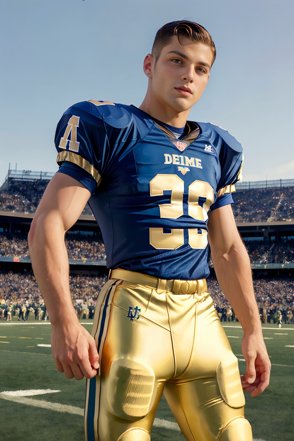 In the style of JC Leyendecker,  standing on the sideline of a football field,  portrait of (TommyDefendi) on Tensor.Art