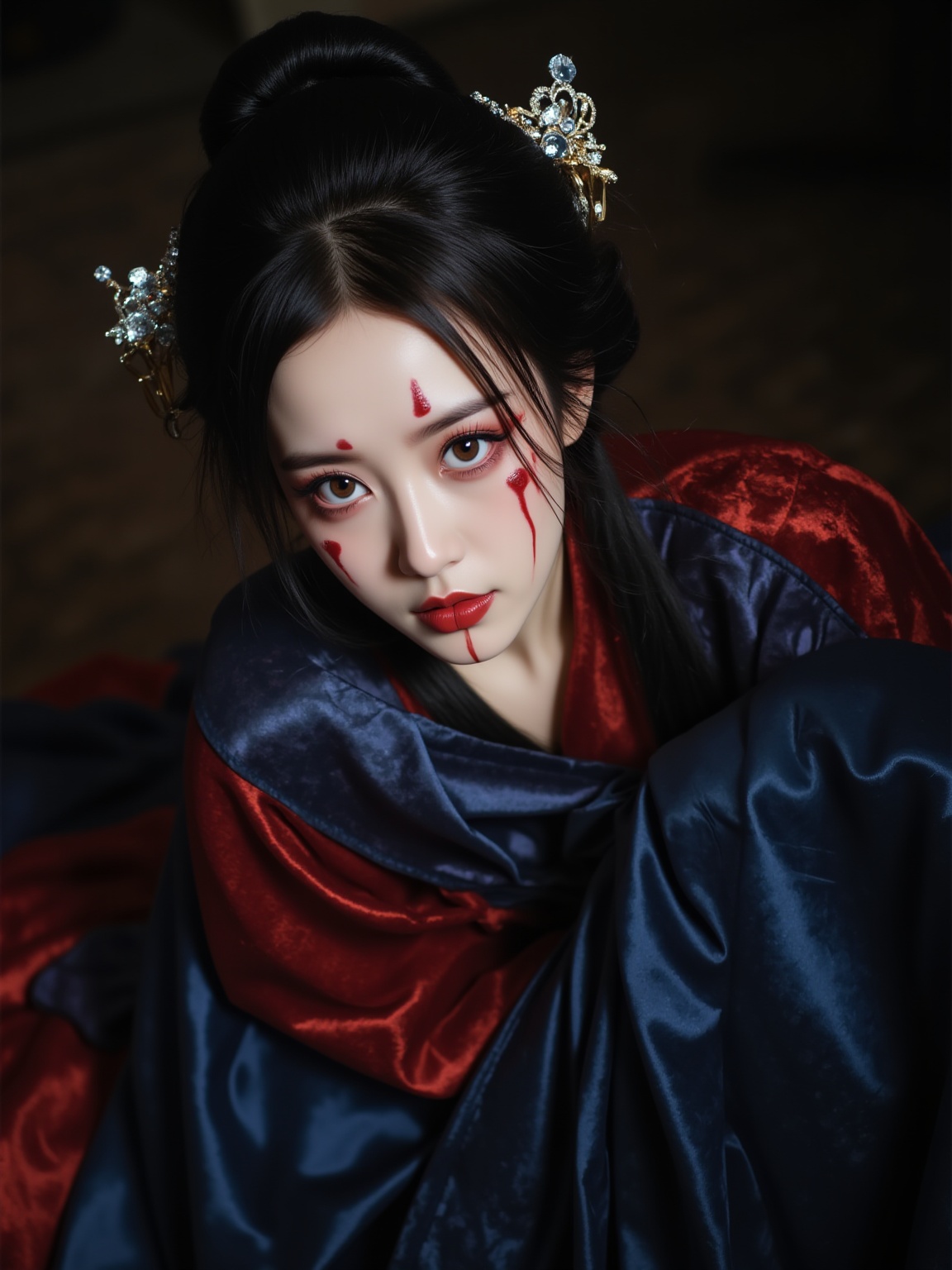 Inspired by Dunhuang, a woman in traditional Chinese attire, white eyes,Tang dynasty, intricate hair ornaments, dark blue and red flowing robes, dramatic makeup with blood-like markings, intense gaze, low-angle shot, dramatic lighting, ethereal and haunting mood, dark and eerie atmosphere.