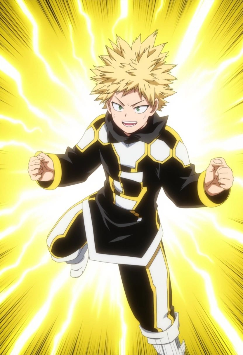 Denki Kaminari,  a teenage boy with blonde hair styled in a jagged,  electrified fashion. He wears a black and white hero...