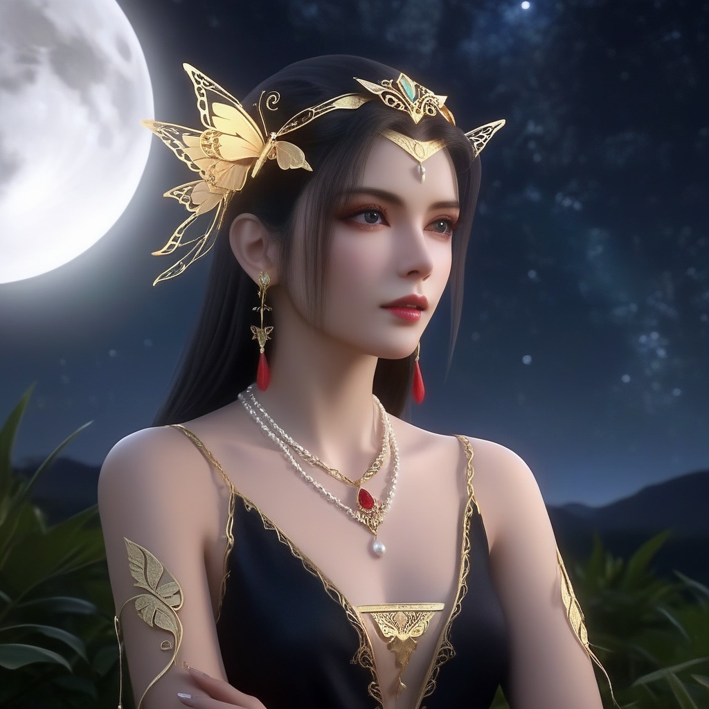 <lora:840-DA-XL-元龙-林秀:0.8>, (,1girl, ,best quality, ),,masterpiece(,1girl,night, starry sky, milky way,outdoors, full moon,  night sky, darkness,  world of darkness, , ) ,ultra realistic 8k cg,   clean, masterpiece,     (( , )),, , , prestige, luxury, jewelry, diamond, gold, pearl, gem, sapphire, ruby, emerald, intricate detail, delicate pattern, charming, alluring, seductive, erotic, enchanting, hair ornament, necklace, earrings, bracelet, armlet,halo((, )), (), butterfly,