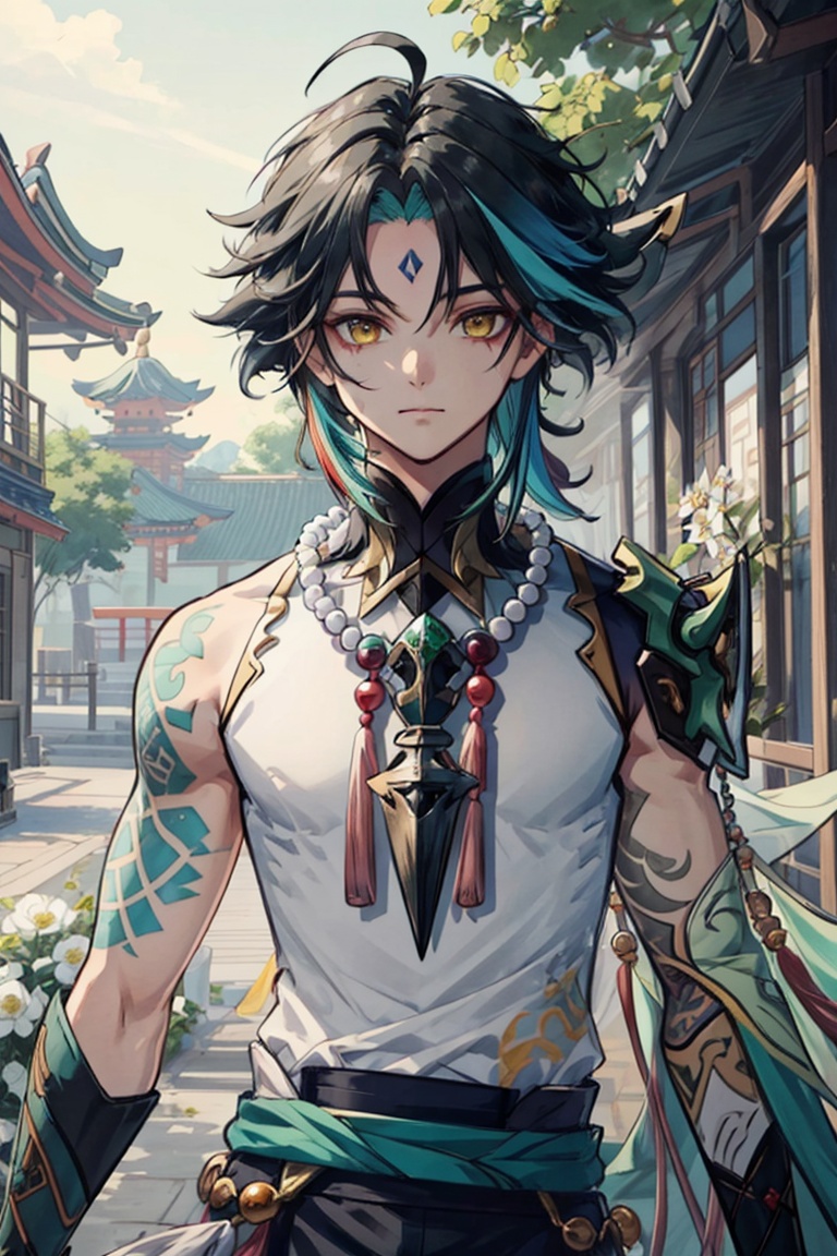 <lora:xiao:0.8>,xiao (genshin impact),1boy,solo,male focus,arm tattoo,tassel,yellow eyes,forehead mark,multicolored hair,facial mark,black hair,green hair,closed mouth,ahoge,green gloves,bangs,asymmetrical clothes,outdoors,looking at viewer,white flower,tree,upper_body,bead_necklace,