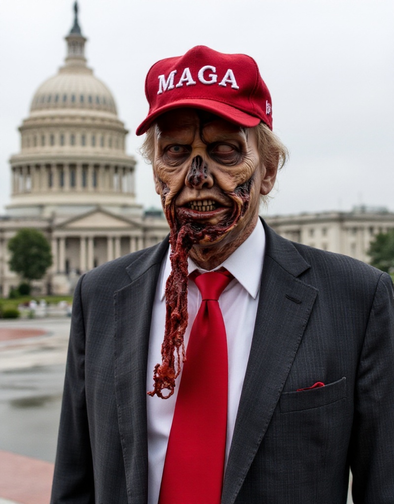 Donald Trump is a zombie wearing a red baseball cap with the text "MAGA" and wears a suit with a very long red tie. He sta...