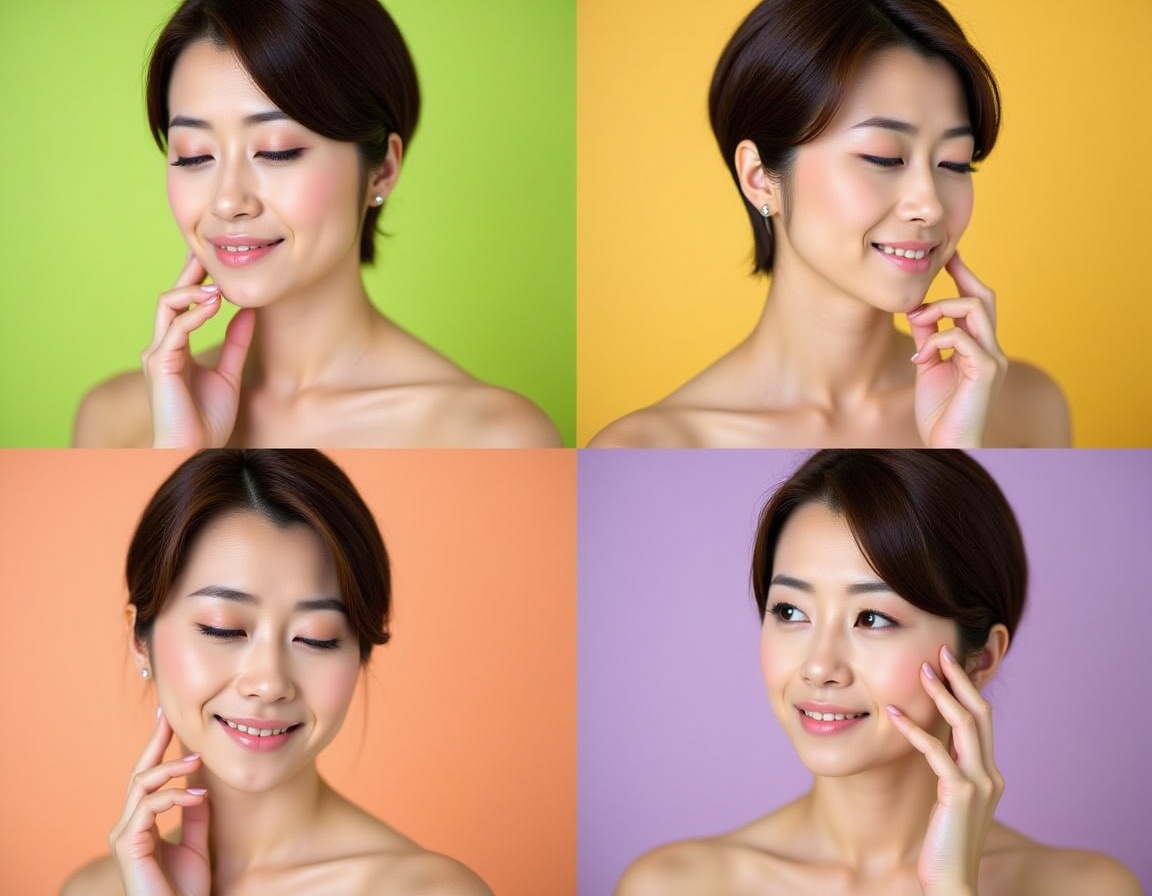 Four Asian women,  young ***** age range,  displayed in a grid format against vibrant solid color backgrounds. Each woman...