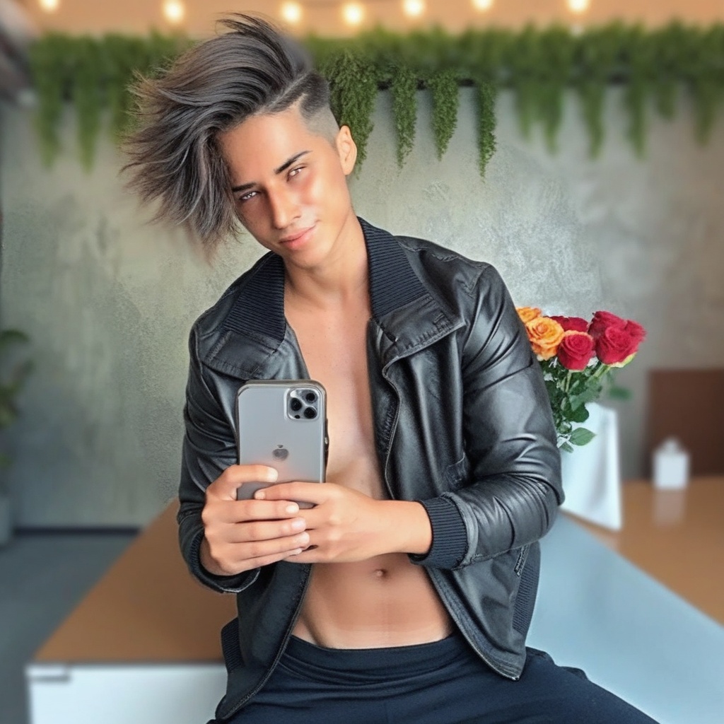 masculine aesthetic,  black leather jacket,  hair swooped to one side on Tensor.Art