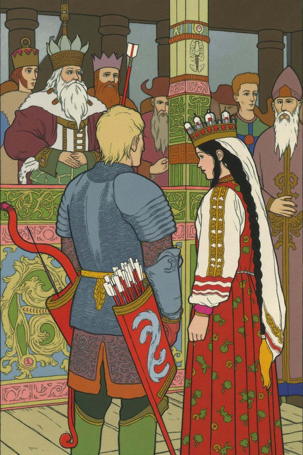 ivanbilibin1 illustration.A blonde knight,  carrying a bow and quiver full of arrows,  stands on the left with his back to...