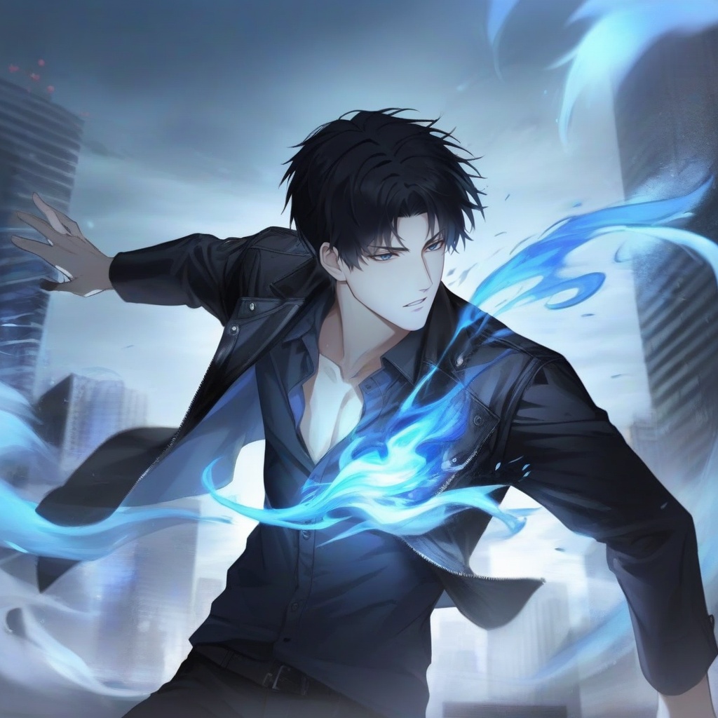 <lora:20241029-1730164497477:0.8>,The image is an illustration of a young man with black hair and a black jacket. He is standing in front of a cityscape with tall buildings and skyscrapers in the background. The man is holding a blue flame-like object in his right hand and appears to be in the middle of a fight. The flame is swirling around him,creating a sense of movement and energy. The overall mood of the image is intense and dramatic.,