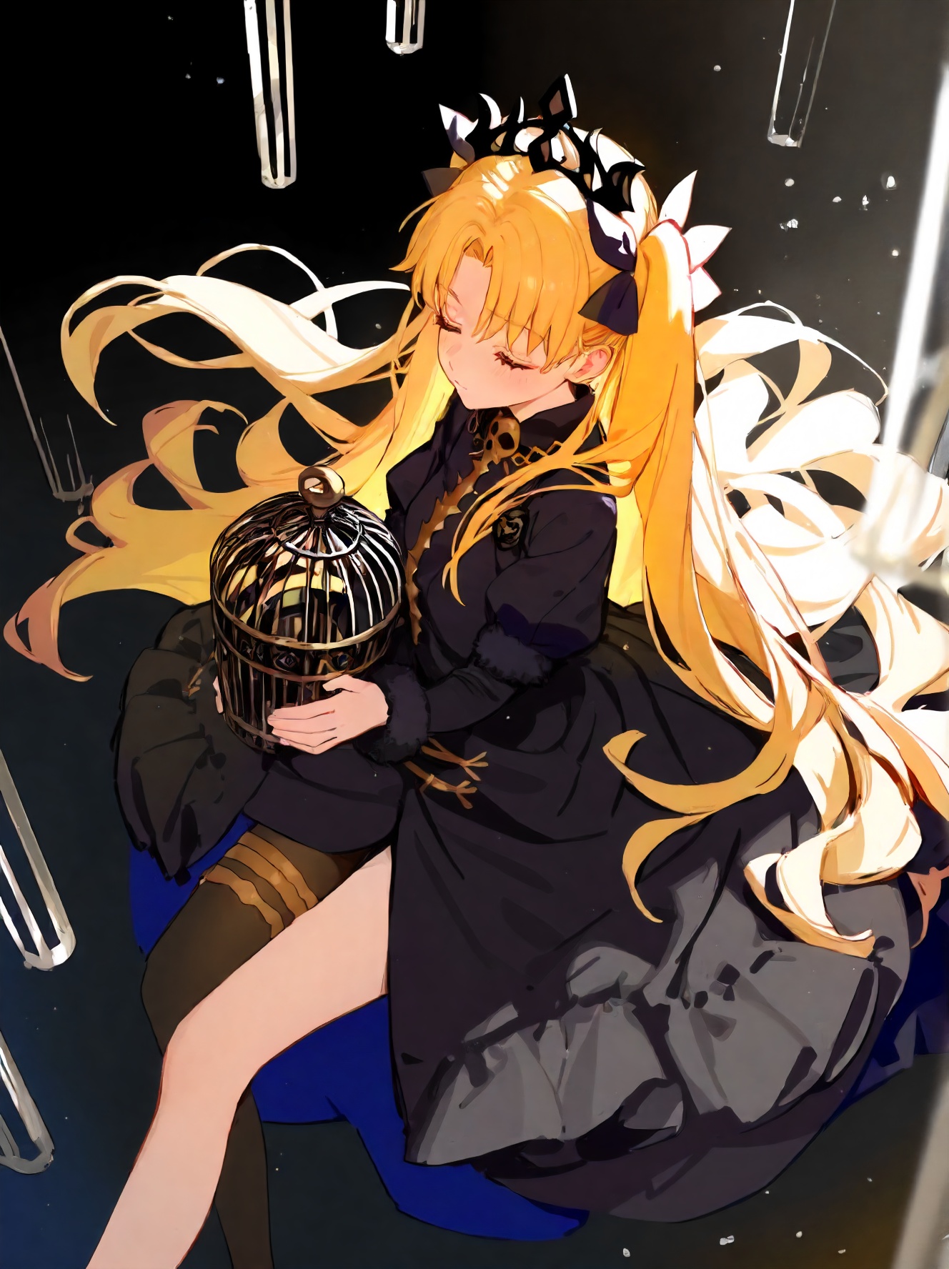 1girl, ereshkigal \(third ascension\) \(fate\), fate/grand order, (sy4:1.1576), (ciloranko:1.1576), (akizero1510:1.1576), solo, ask\(askzy\), from above, lower body, puffy sleeves, fur-trimmed sleeves, long hair, tiara, blonde hair, layered sleeves, from side, black pantyhose, black dress, long sleeves, wide sleeves, two side up, pantyhose, dress, single leg pantyhose, holding cage, very long hair, black background, black theme, fur trim, closed eyes, asymmetrical legwear, puffy long sleeves, holding, infinity symbol, birdcage, cage, masterpiece, best quality, sensitive, safe