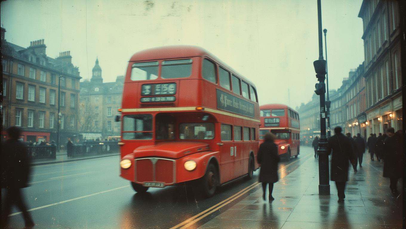 35mm vintage street photo of a double decker bus driving down a street on Tensor.Art