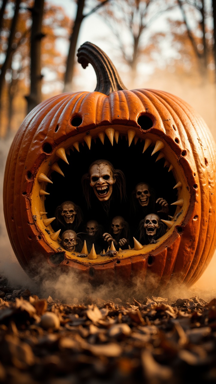 A giant pumpkin explodes in a dynamic movement,  while its interior is made up of slimy,  nightmarish creatures fleeing in...