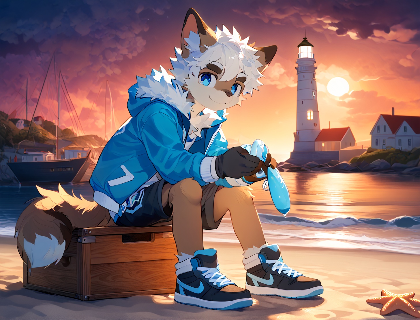 solo, looking at viewer, smile, short hair, bangs, blue eyes, shirt, gloves, long sleeves, 1boy, holding, animal ears, hair between eyes, sitting, closed mouth, jacket, tail, full body, white hair, male focus, outdoors, open clothes, sky, shoes, shorts, artist name, hood, water, black footwear, open jacket, animal ear fluff, fur trim, night, ocean, watermark, beach, black shorts, thick eyebrows, hood down, blue jacket, sneakers, furry, sunset, blue footwear, sand, furry male, watercraft, body fur, white fur, animal nose, boat, starfish, brown fur, two-tone fur, lighthouse